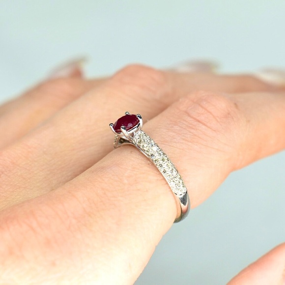 14K Ruby Diamond Ring - Genuine Ruby - 14K White Gold - Solitaire Ruby Ring - Ch - Picture 6 of 7
